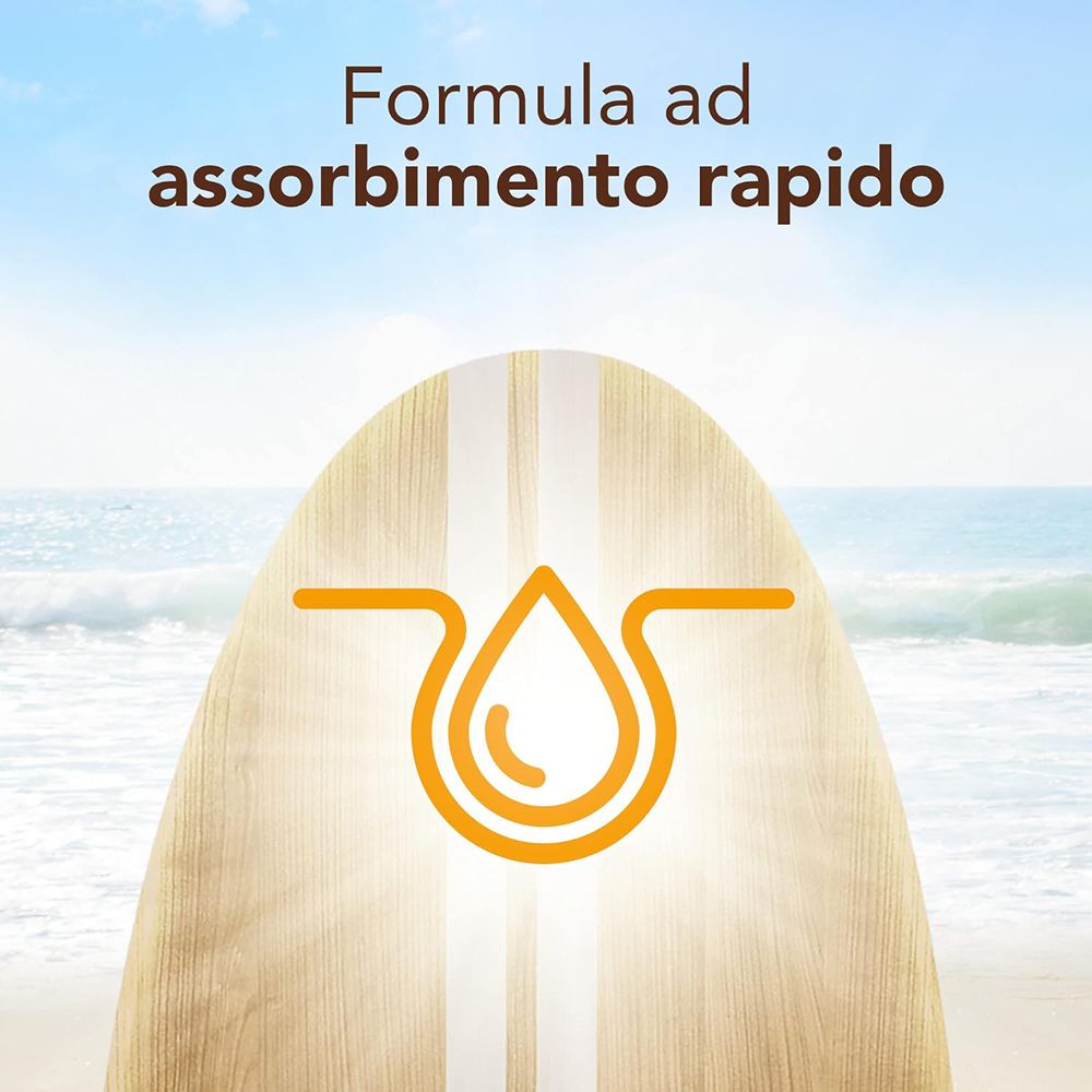 Illustrazione su tavola da surf. Simbolo di goccia. Testo: Formula ad assorbimento rapido.