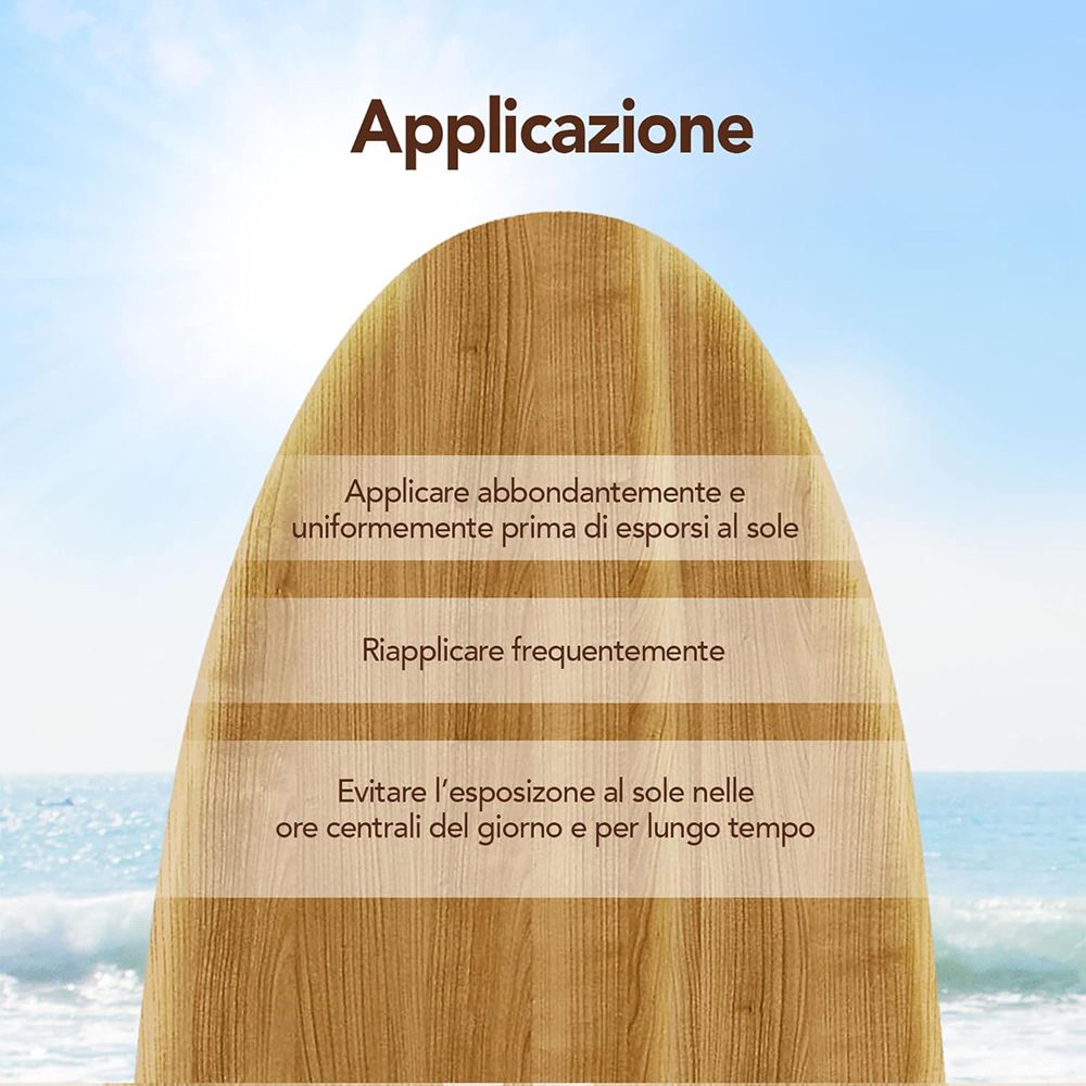 Illustrazione su tavola da surf. Testo: Applicare abbondantemente e uniformemente prima di esporsi al sole.