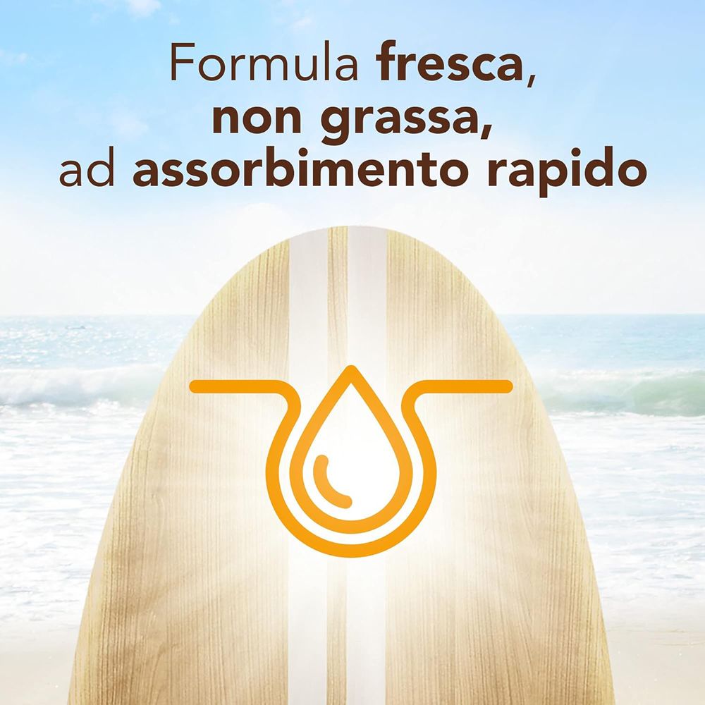Tavola di legno con testo: Formula fresca, non grassa, ad assorbimento rapido. Simbolo arancione: goccia d'acqua.