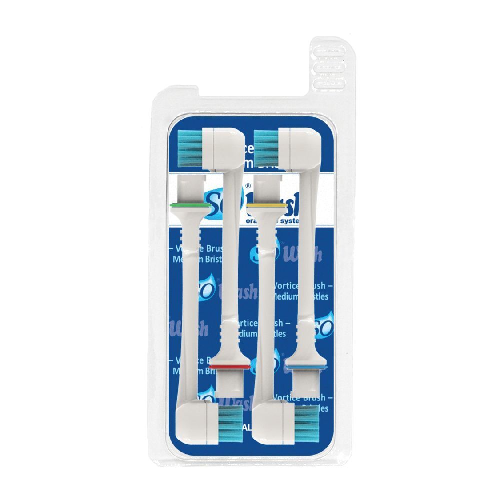 Confezione di quattro testine bianche per spazzolino. Setole blu, anelli colorati. Marchio Sowash.