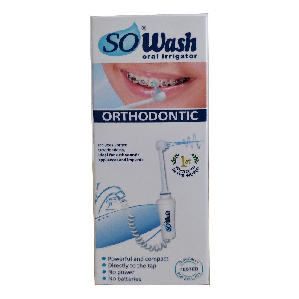 Confezione di un irrigatore orale. Scritta: SO Wash, Orthodontic. Illustrazione di una bocca con apparecchio ortodontico. Caratteristiche: potente, compatto, diretto al rubinetto.