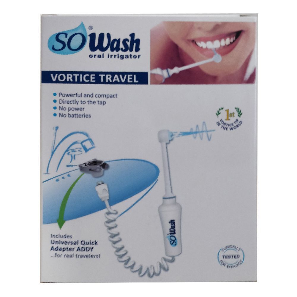 Confezione di SO Wash VORTICE TRAVEL. Irrigatore orale. Include adattatore. Testo: "1st Vortice of the World".