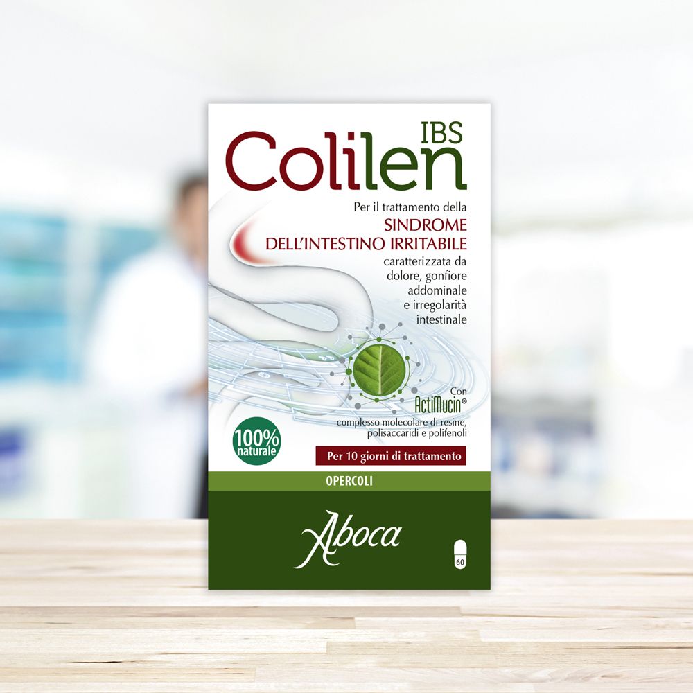 Confezione Colilen IBS. Testo: Per il trattamento della sindrome dell'intestino irritabile. ActiMucin. Logo Aboca. 100% naturale.