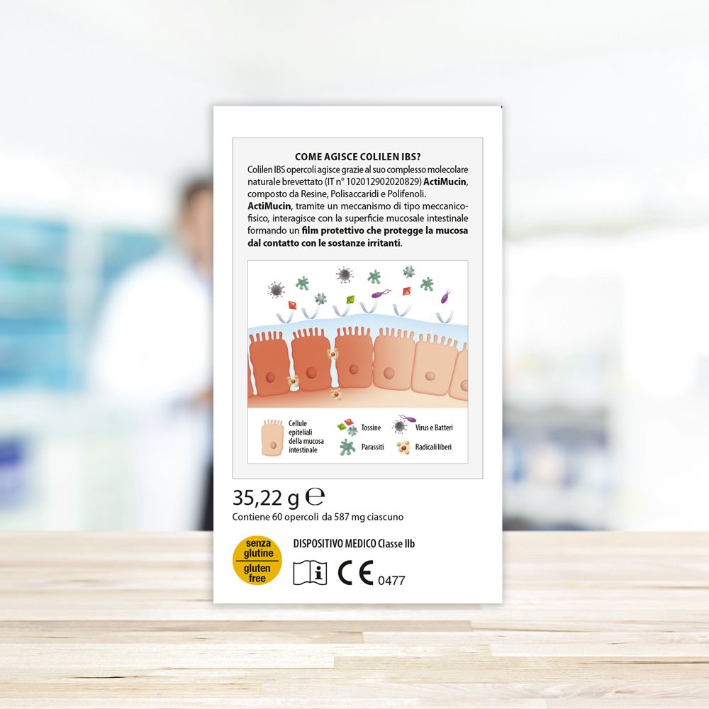 Retro confezione Colilen IBS. Testo: Come agisce Colilen IBS. Dispositivo medico. Senza glutine. Marchio CE.