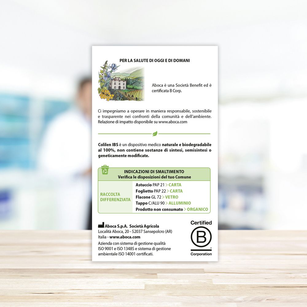 Flacone di vetro marrone con etichetta Colilen IBS. Testo: Per il trattamento della sindrome dell'intestino irritabile. ActiMucin. 100% naturale.