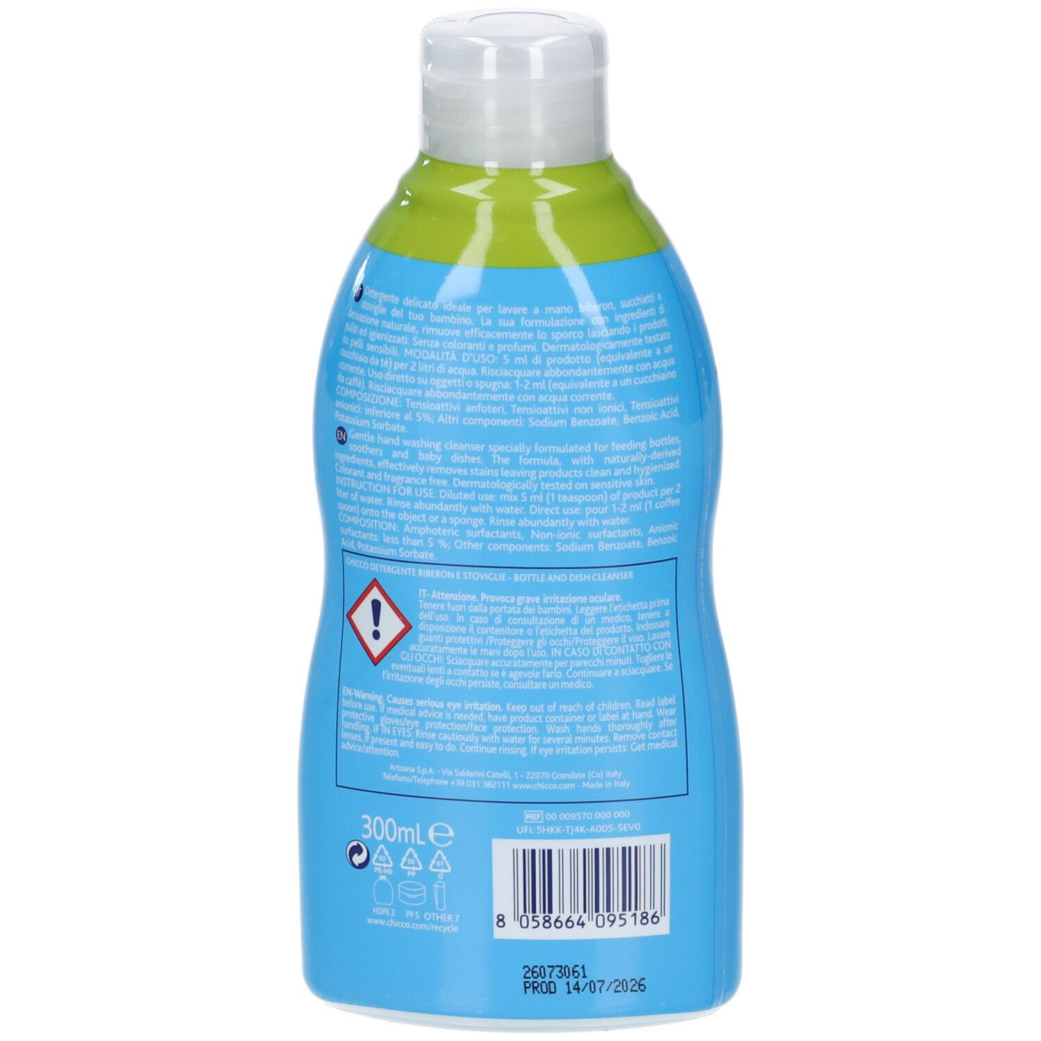 Flacone con etichetta blu e verde, 300ml. Include simboli di avvertenza e codice a barre.