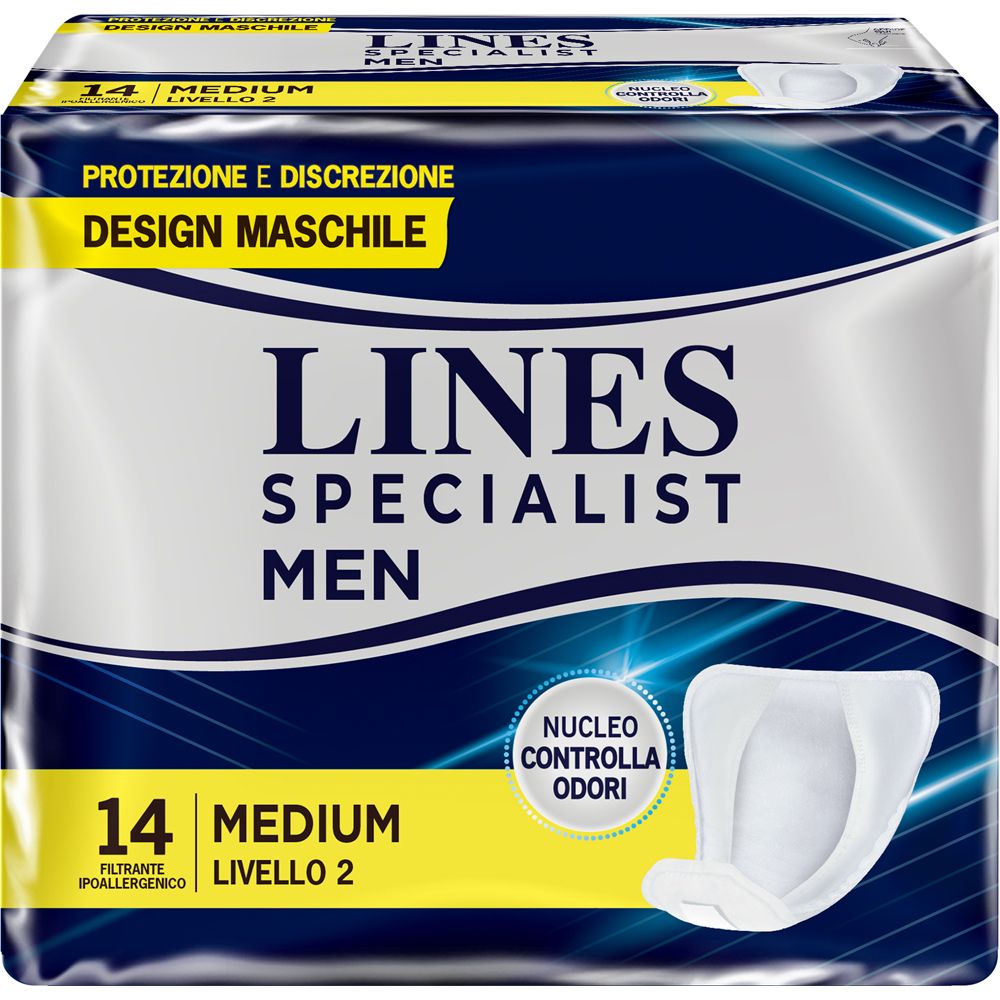 Confezione Lines Specialist Men Livello 2. 14 pezzi. Medium. Protezione e discrezione. Design maschile. Controllo odori.