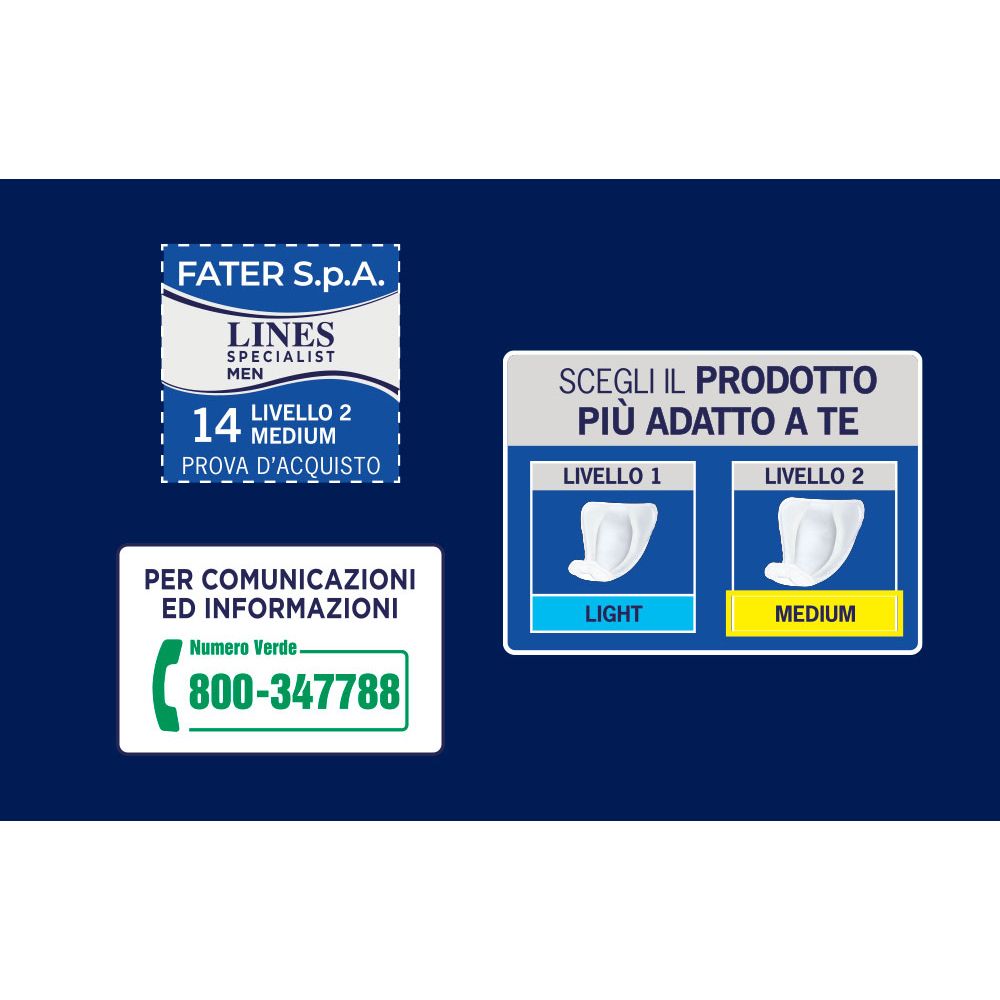 Logo Fater S.p.A. Lines Specialist Men. Medium Livello 2. Prova d'acquisto. Informazioni di contatto. Guida alla scelta.
