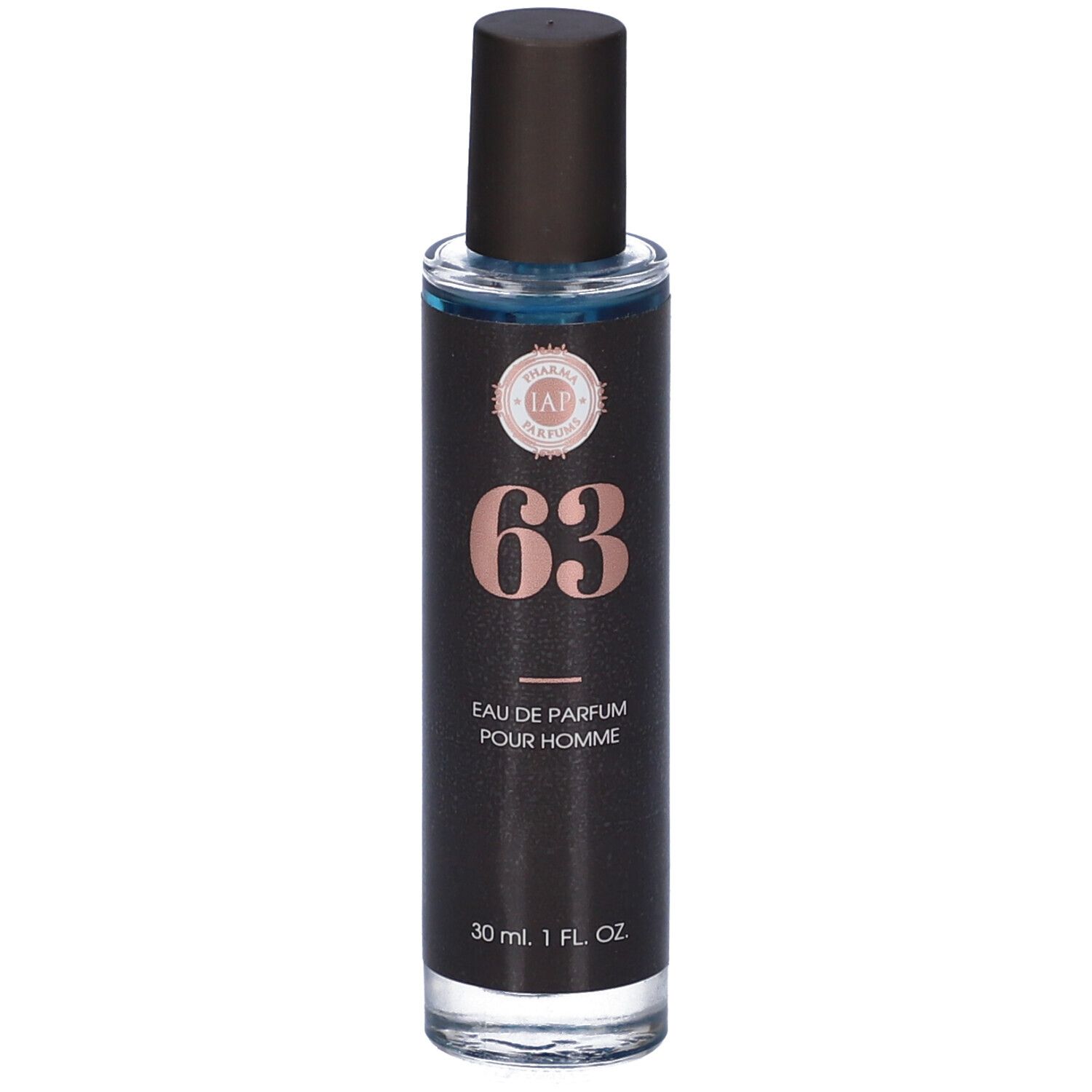 Flacone nero con tappo marrone. Scritta "63" e "Eau de Parfum Pour Homme".