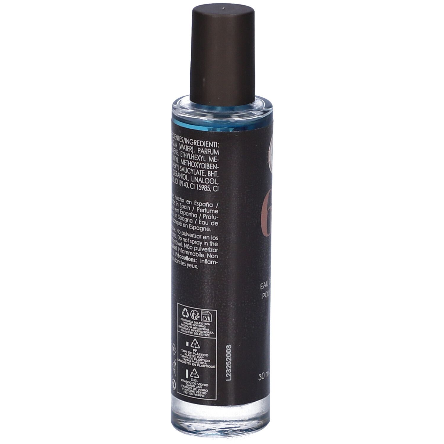 Flacone nero con tappo marrone. Scritta "63" e "Eau de Parfum Pour Homme".
