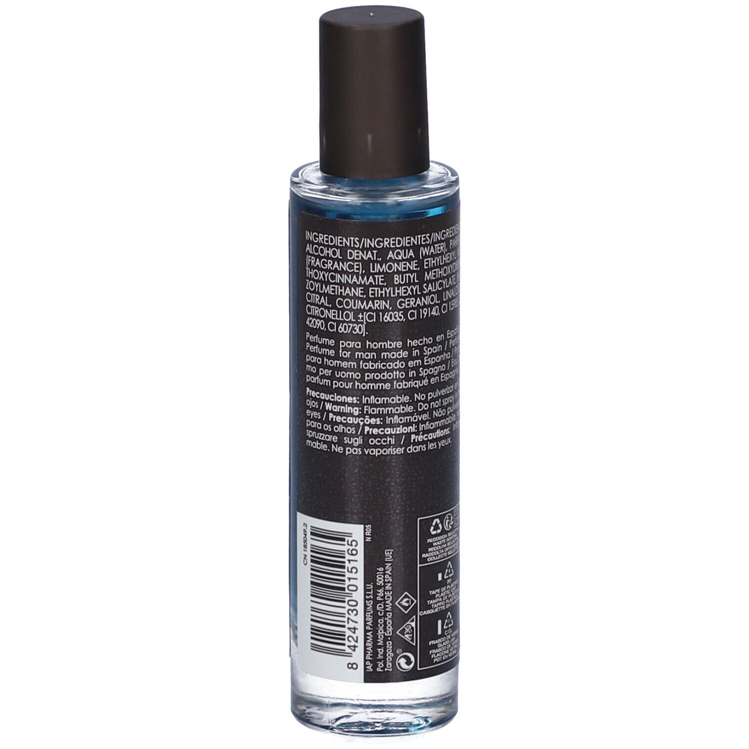 Flacone nero con tappo marrone. Scritta "63" e "Eau de Parfum Pour Homme".