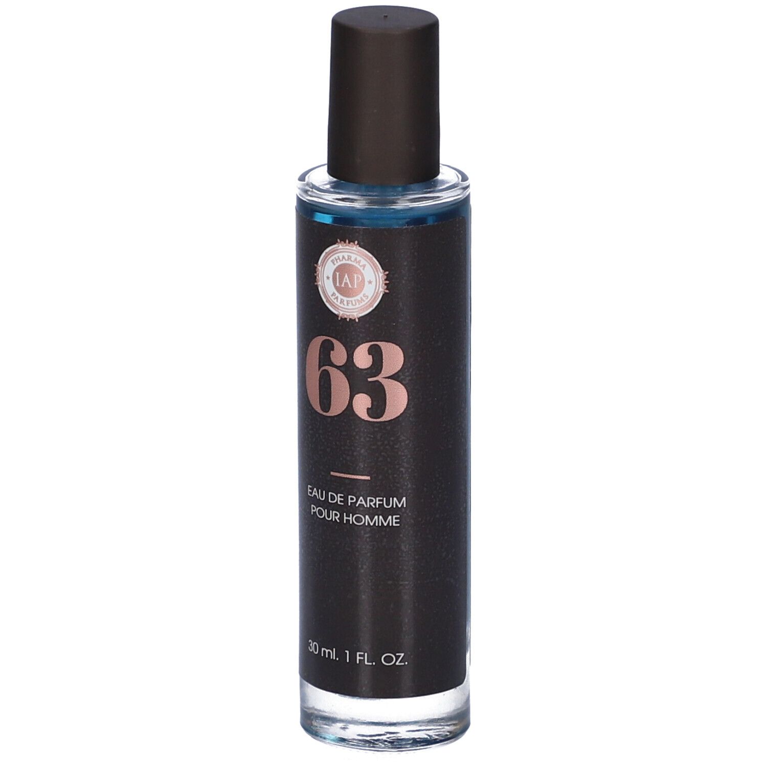 Flacone nero con tappo marrone. Scritta "63" e "Eau de Parfum Pour Homme".
