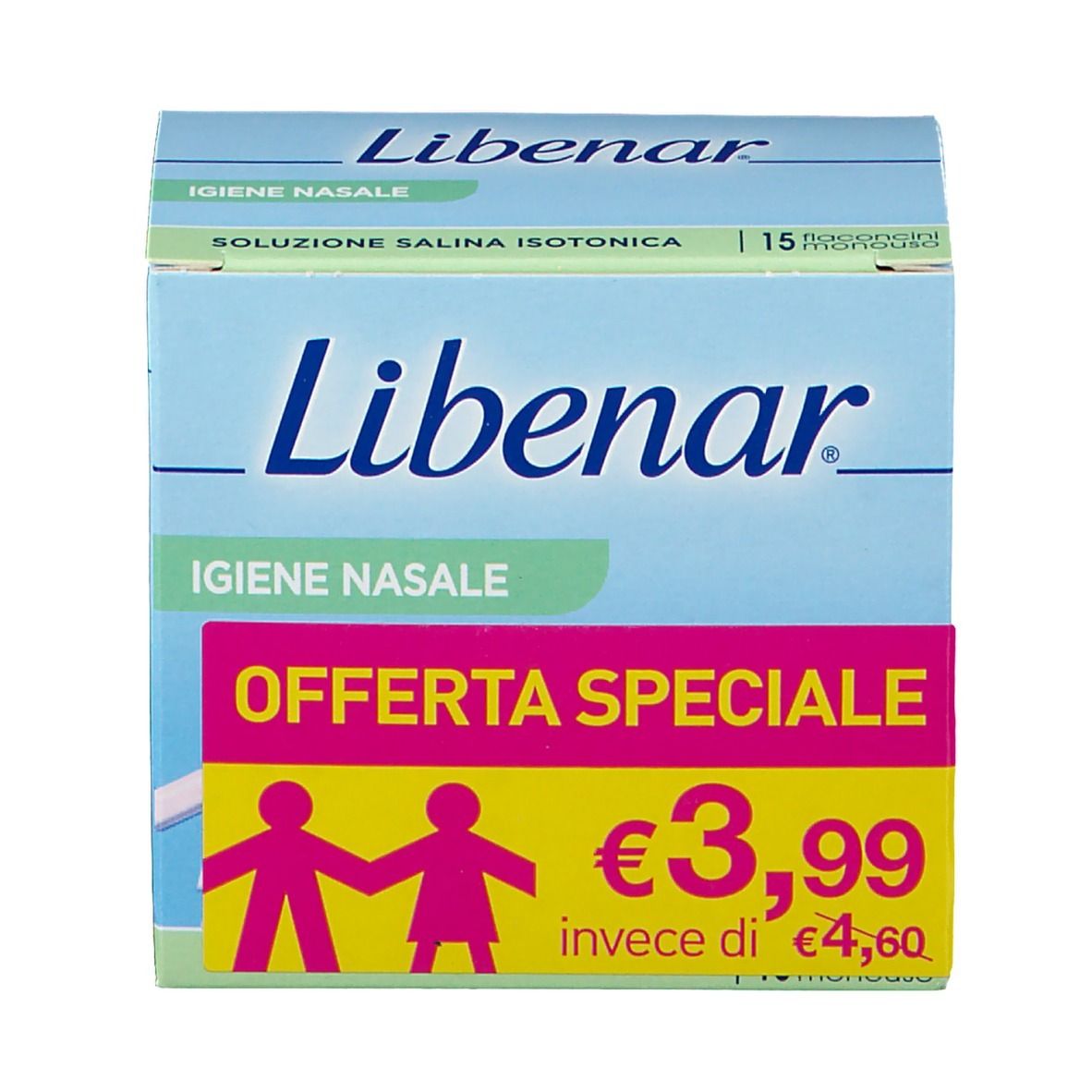 Scatola Libenar con logo. Testo: Igien Nasale. Offerta speciale a 3,99 € invece di 4,60 €. 15 flaconcini.