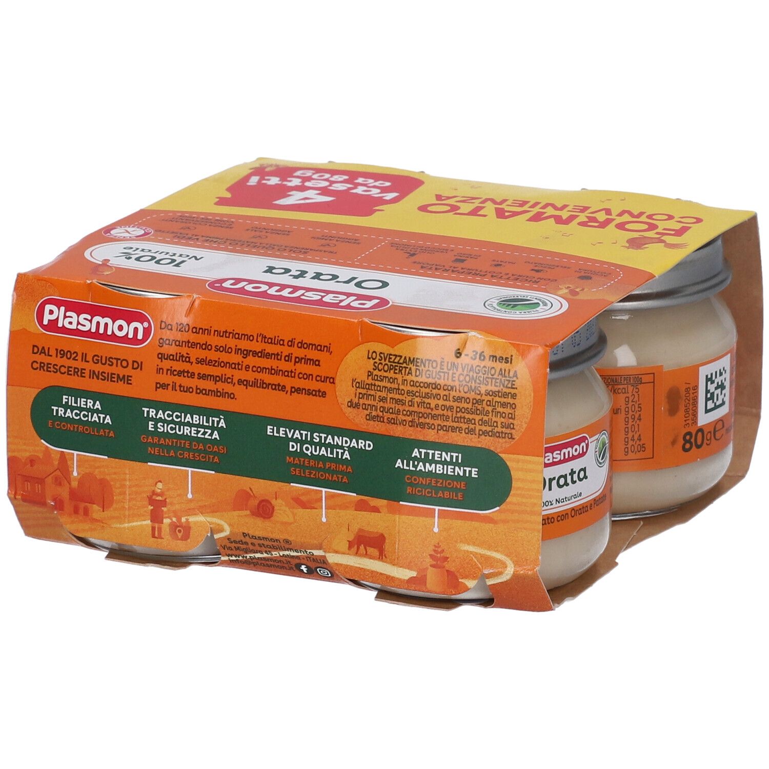 Plasmon omogeneizzato in quattro vasetti da 80g, confezionati in un cartone.