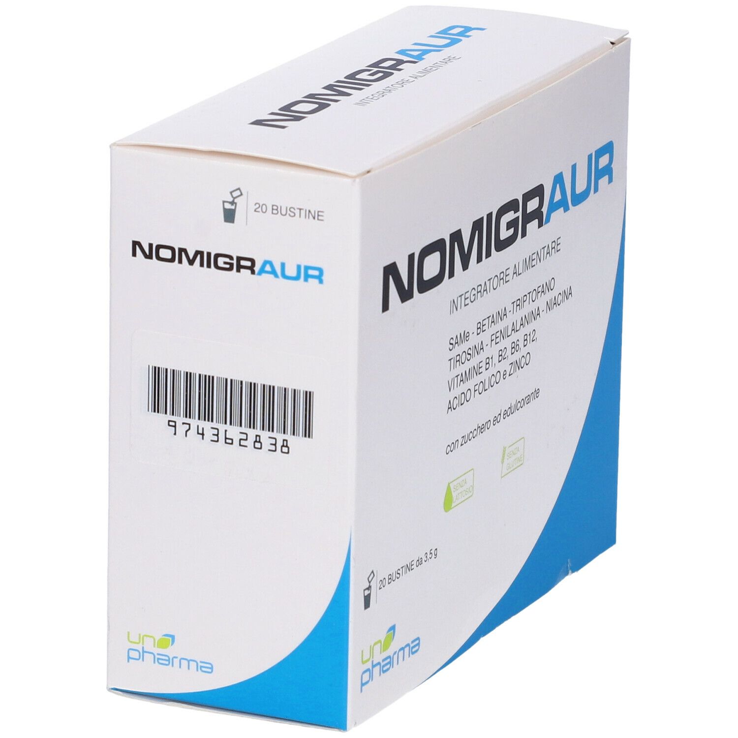 Scatola bianca con accento blu. Scritto: NOMIGRAUR. Codice a barre e 20 bustine. Nome del prodotto e logo del produttore.