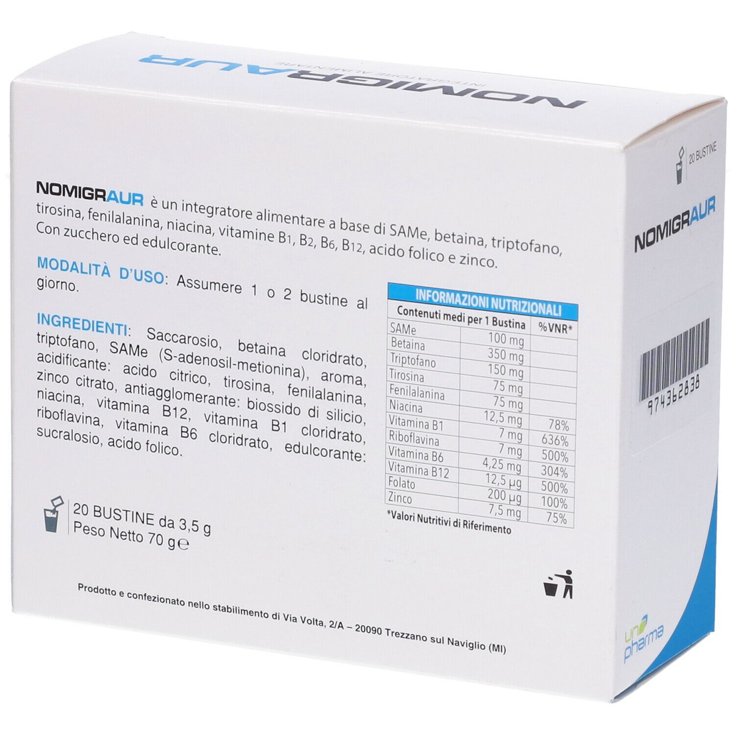 Scatola bianca con accento blu. Scritto: NOMIGRAUR. Retro con informazioni nutrizionali e ingredienti. 20 bustine.
