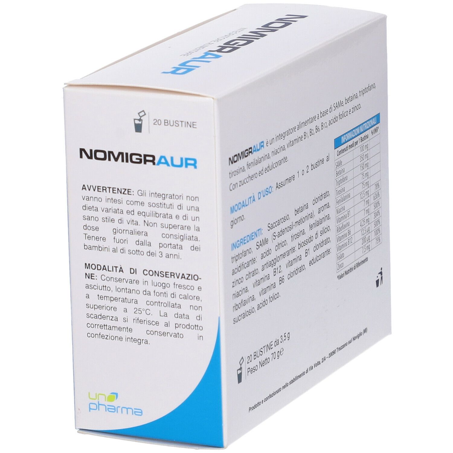 Scatola bianca con accento blu. Scritto: NOMIGRAUR. Retro con istruzioni per l'uso e ingredienti. 20 bustine.