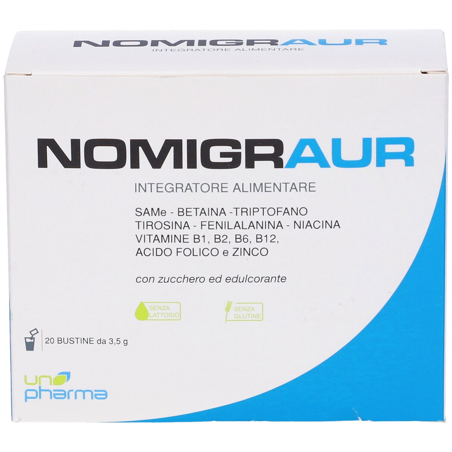 Scatola bianca con accento blu. Scritto: NOMIGRAUR, Integratore Alimentare. Contiene 20 bustine. Senza lattosio e glutine.