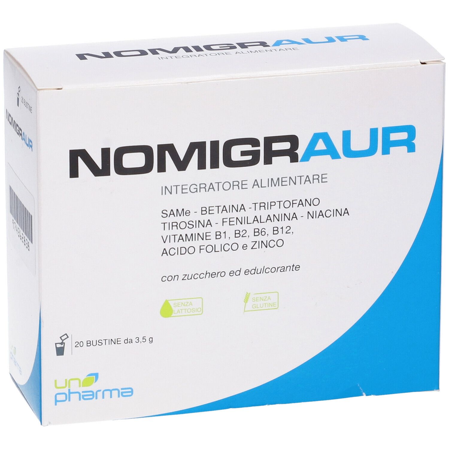 Scatola bianca con accento blu. Scritto: NOMIGRAUR, Integratore Alimentare. Contiene 20 bustine. Senza lattosio e glutine.