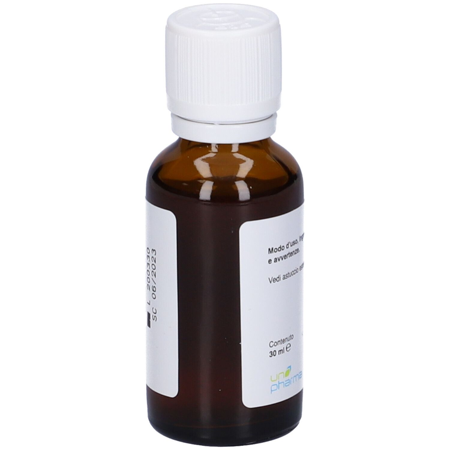 Flacone di vetro marrone con tappo bianco. Etichetta con testo. In basso: 30 ml. Marchio: Una Pharma.
