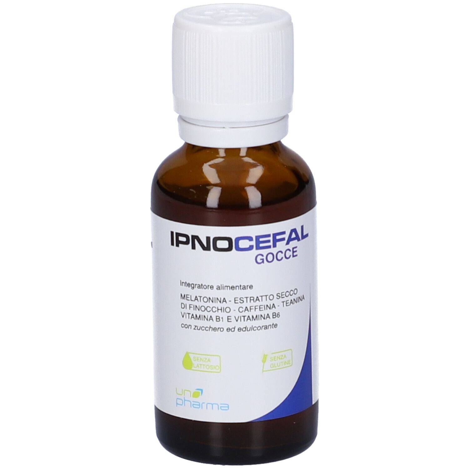 Flacone di vetro marrone con tappo bianco. Etichetta con testo. Scritta: IPNOCEFL Gocce. Marchio: Una Pharma.