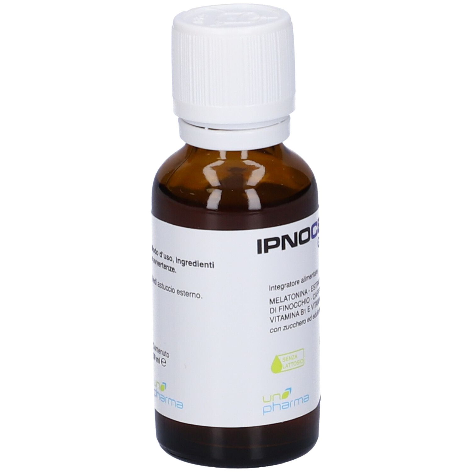 Flacone di vetro marrone con tappo bianco. Etichetta con testo. Scritta: IPNOCEFL Gocce. Marchio: Una Pharma.