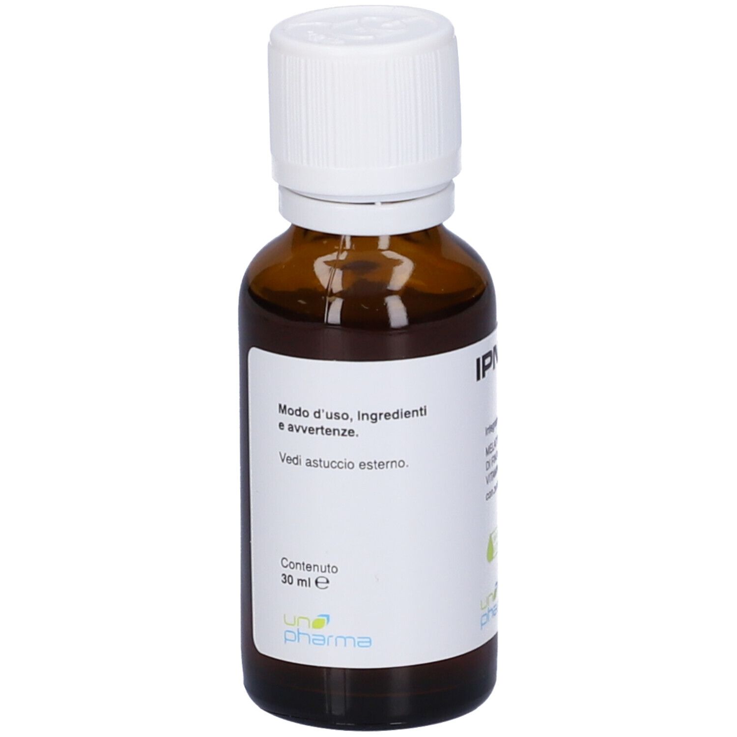 Flacone di vetro marrone con tappo bianco. Etichetta con testo. Scritta: IPNOCEFL Gocce. Marchio: Una Pharma.