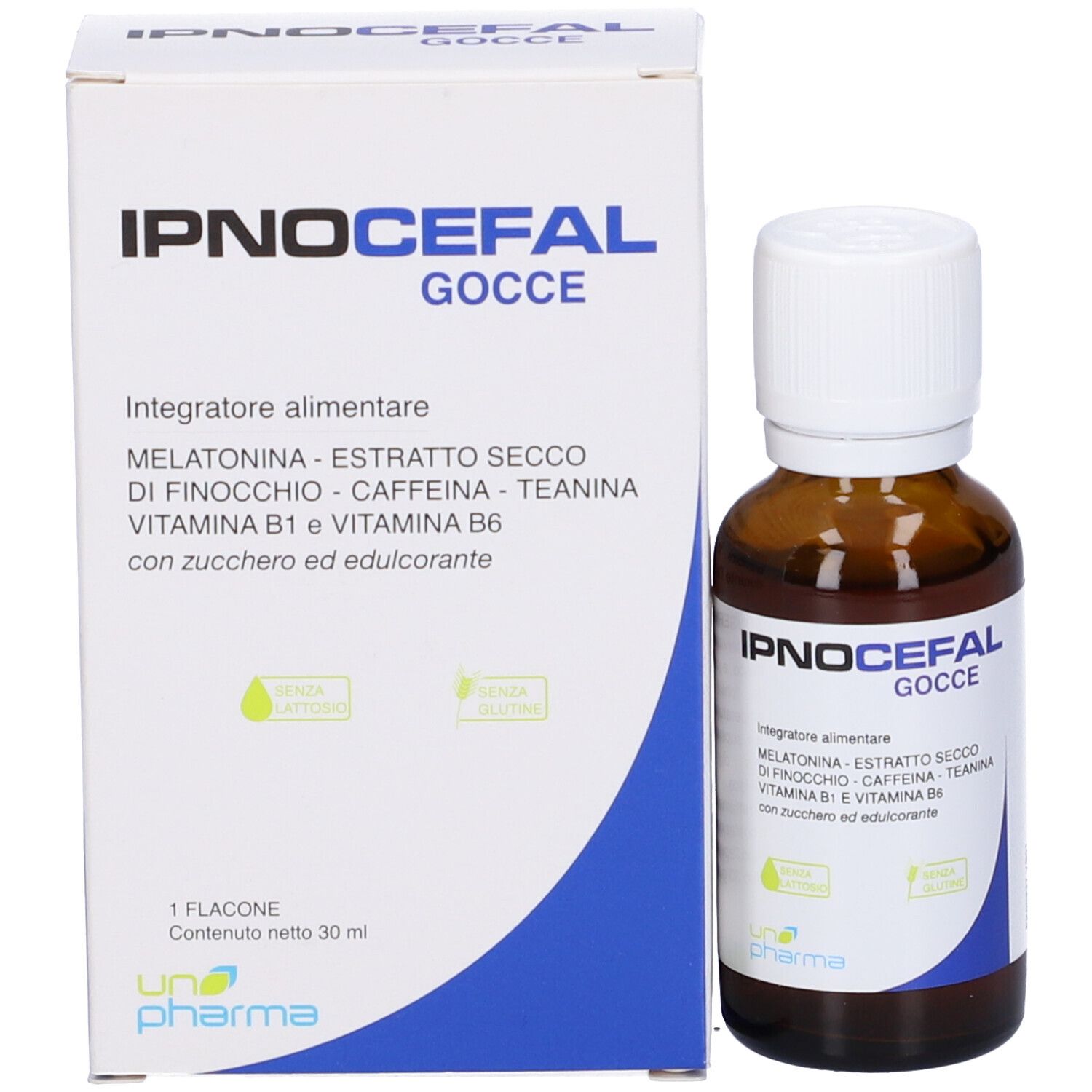 Prodotto e confezione. Flacone e scatola. Scritta: IPNOCEFL Gocce. Marchio: Una Pharma. Contiene 30 ml.
