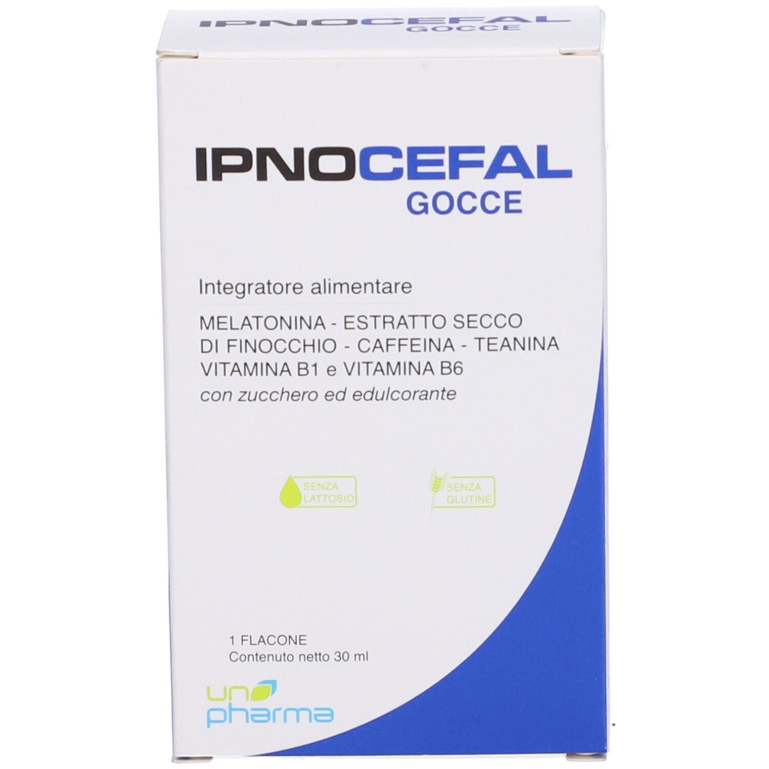 Confezione. Scritta: IPNOCEFL Gocce. Marchio: Una Pharma. Contiene 30 ml.