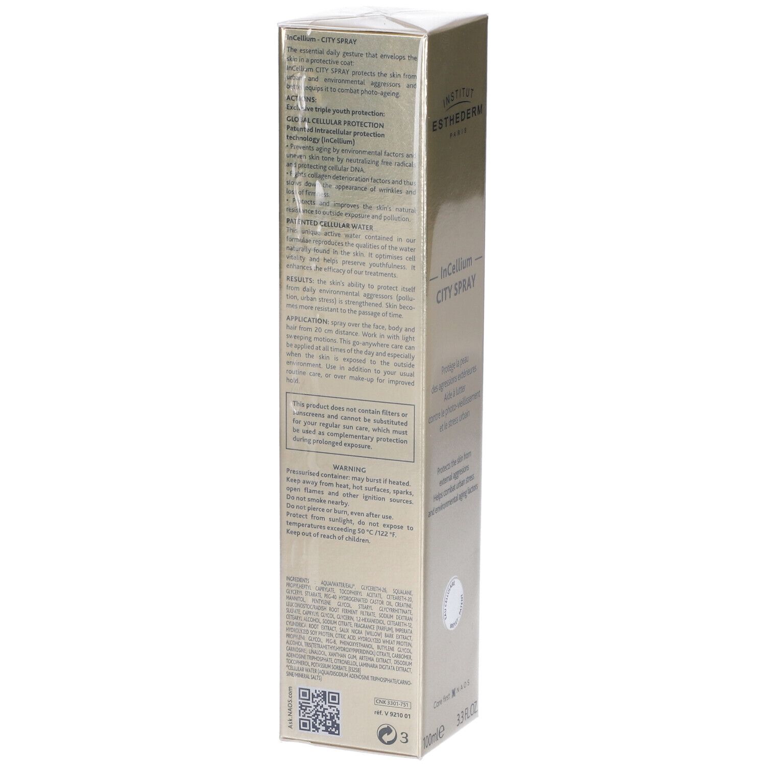 Retro della confezione del prodotto. Testo in più lingue. Marca: Institut Esthederm. Prodotto: InCellium City Spray.