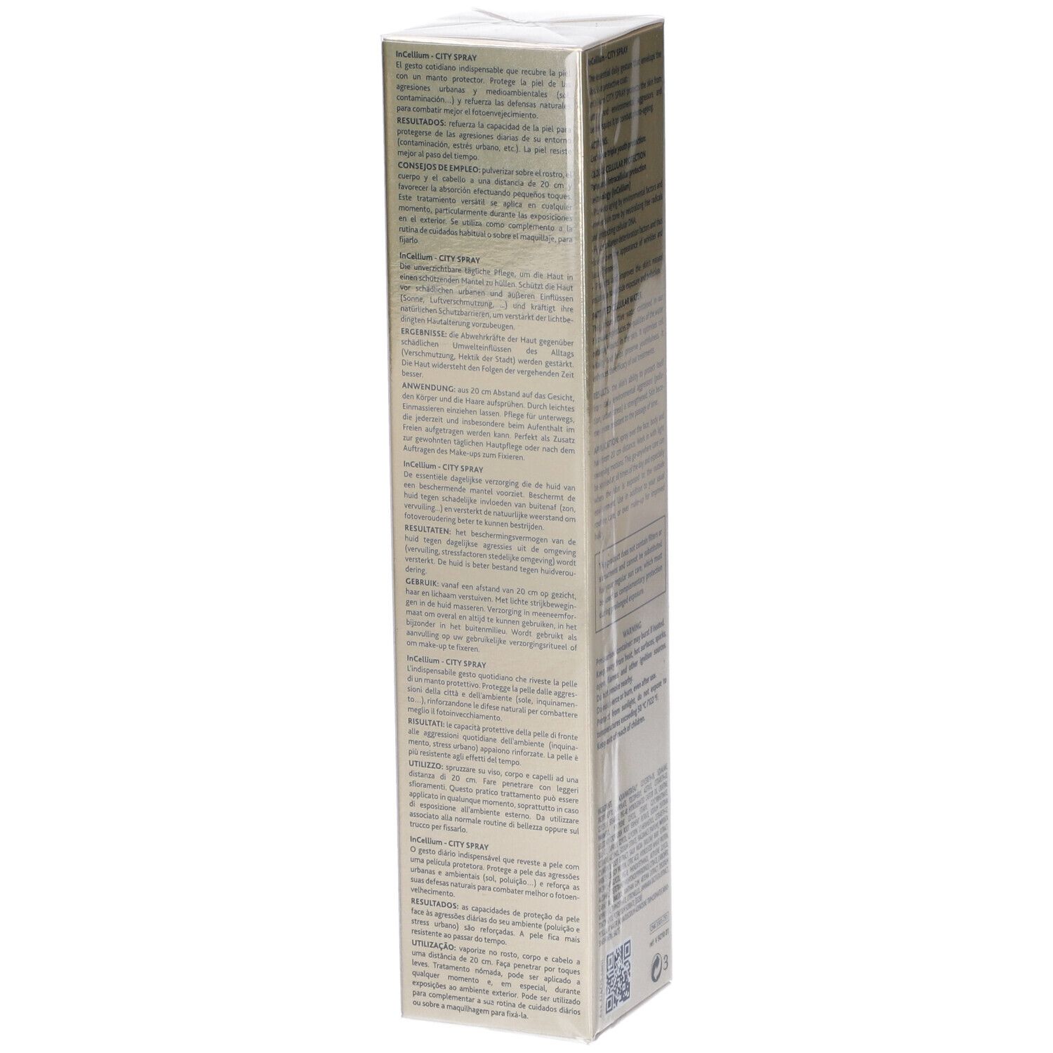 Retro della confezione del prodotto. Testo in più lingue. Marca: Institut Esthederm. Prodotto: InCellium City Spray.