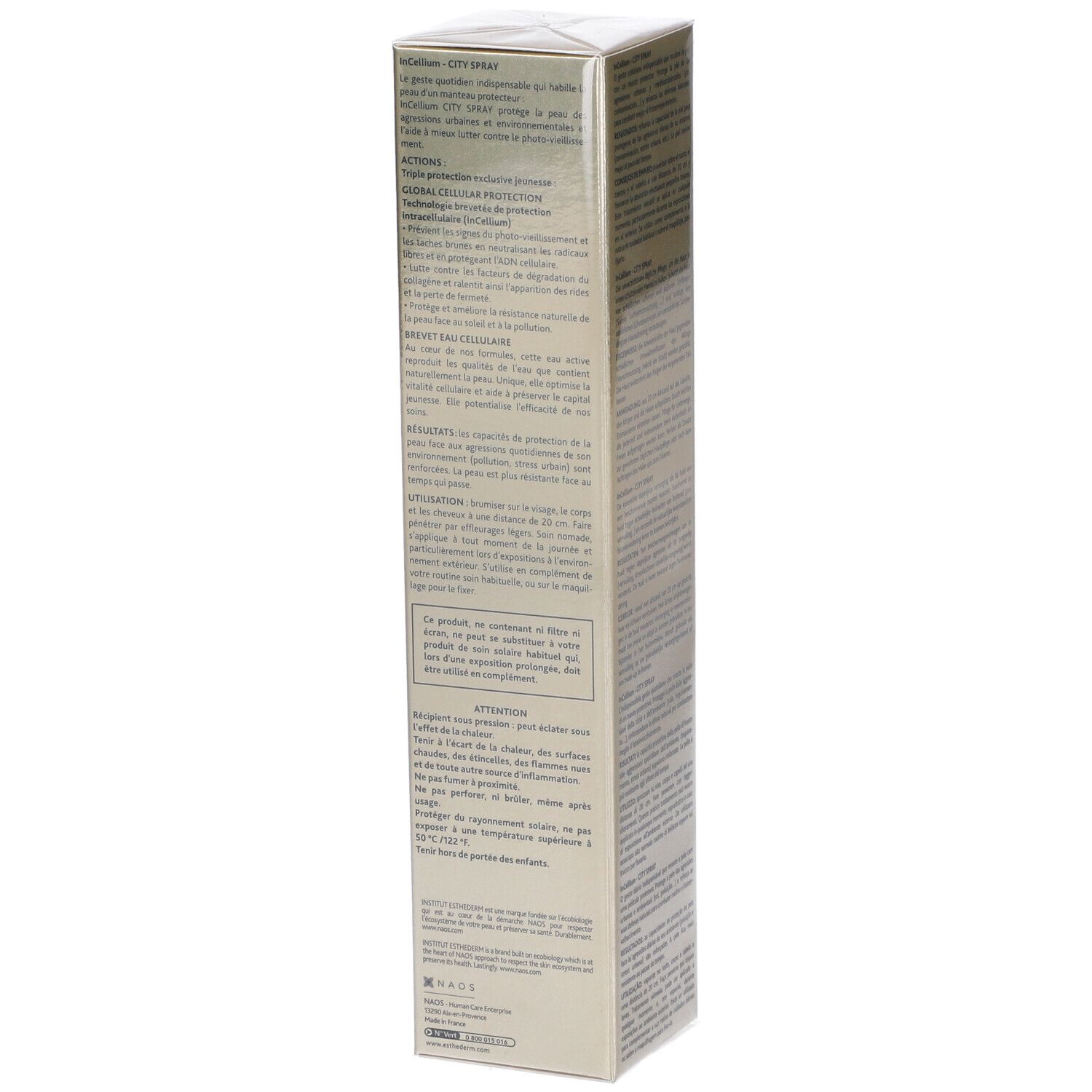 Retro della confezione del prodotto. Testo in più lingue. Marca: Institut Esthederm. Prodotto: InCellium City Spray.