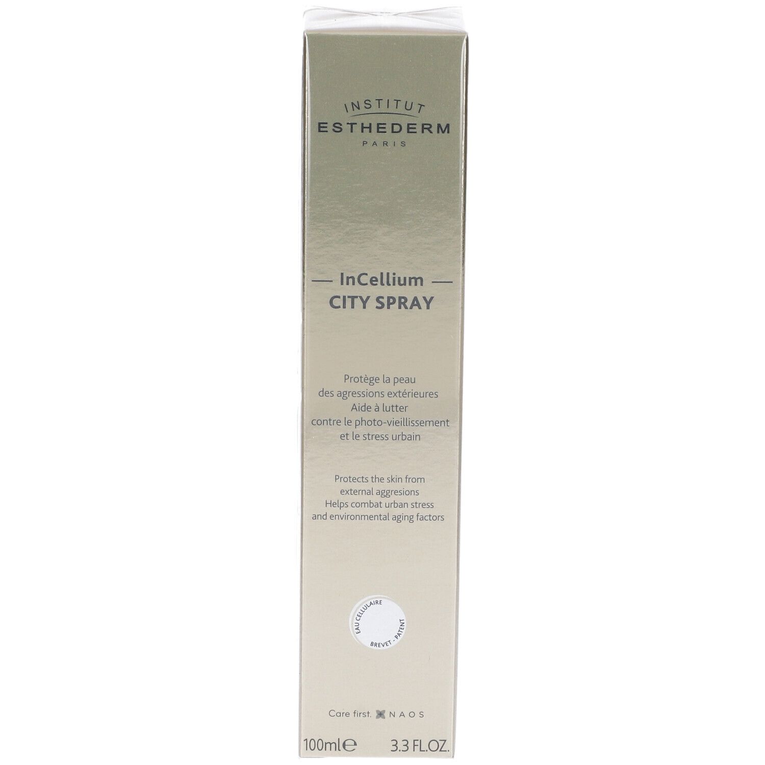 Confezione dorata con nome del prodotto e testo. Marca: Institut Esthederm. Prodotto: InCellium City Spray. 100ml.