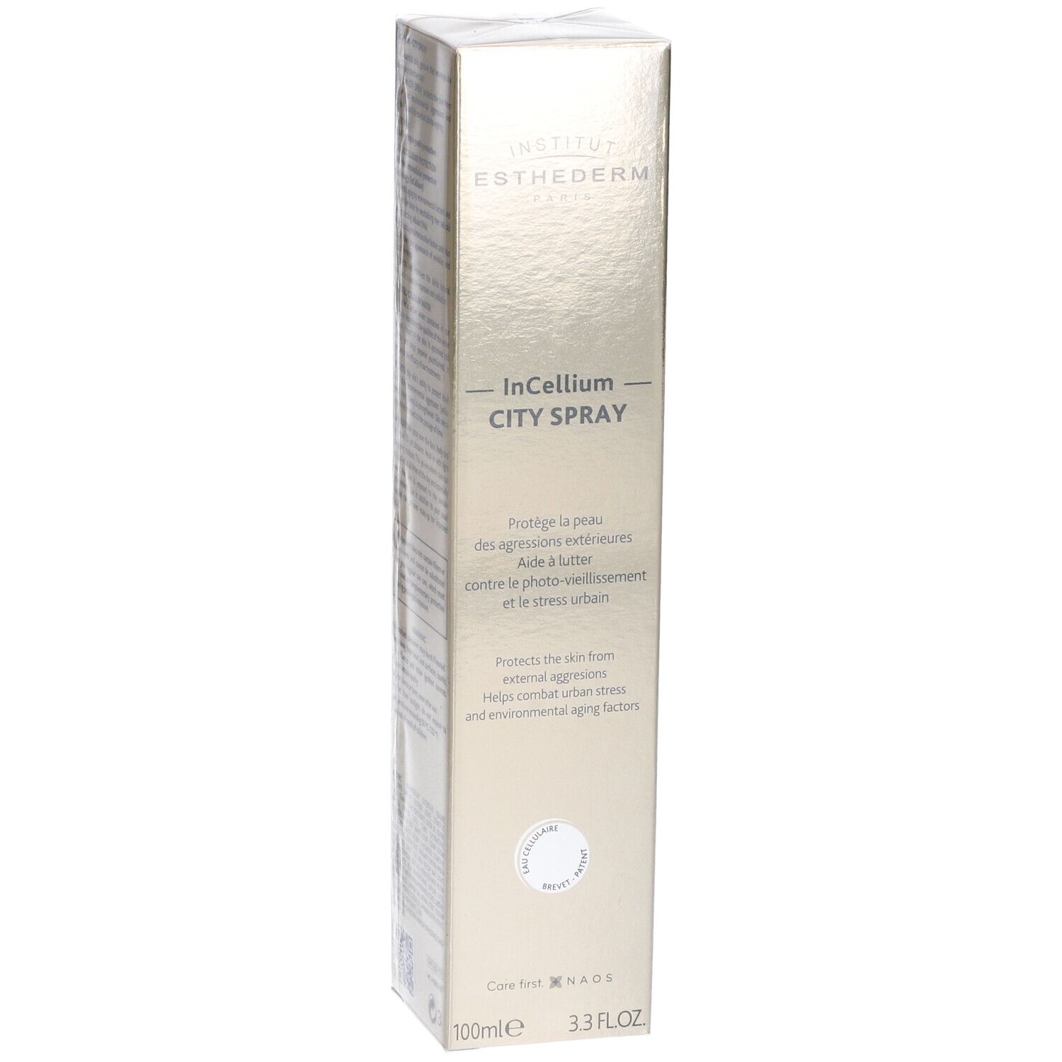 Confezione dorata con nome del prodotto e testo. Marca: Institut Esthederm. Prodotto: InCellium City Spray. 100ml.