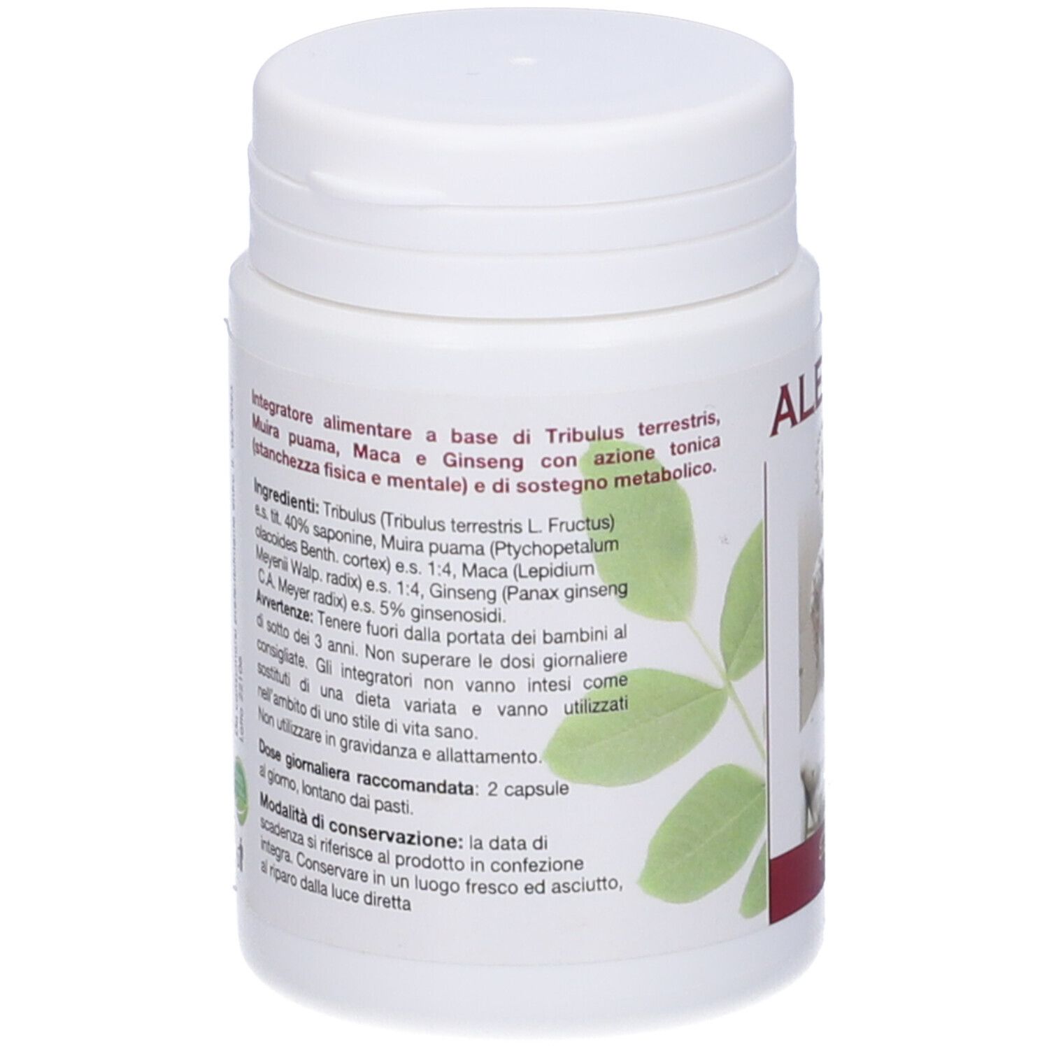 Retro del flacone bianco. Testo con ingredienti e avvertenze. Design foglia verde.