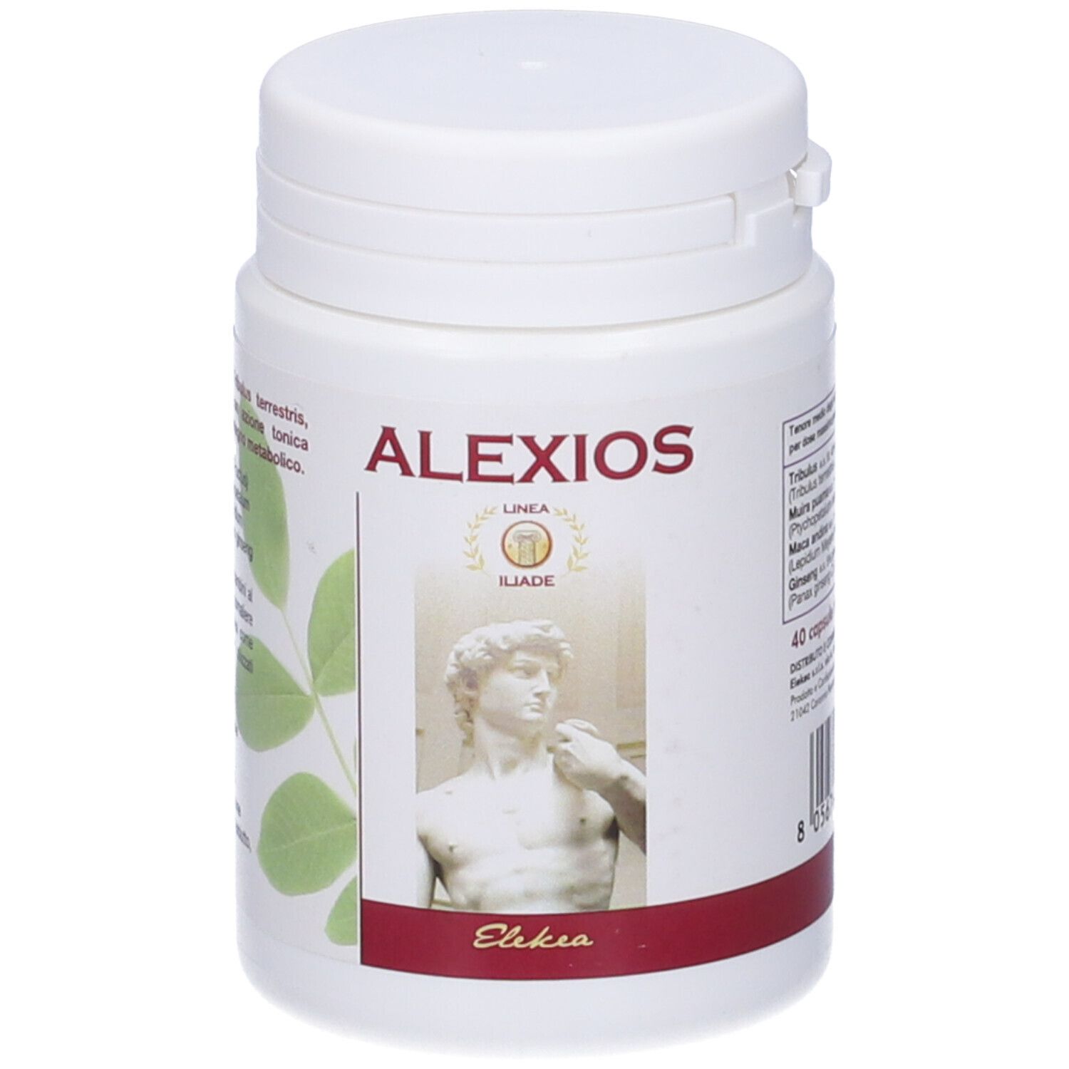 Flacone bianco ALEXIOS, statua e testo. Striscia rossa. 40 capsule, 450mg.