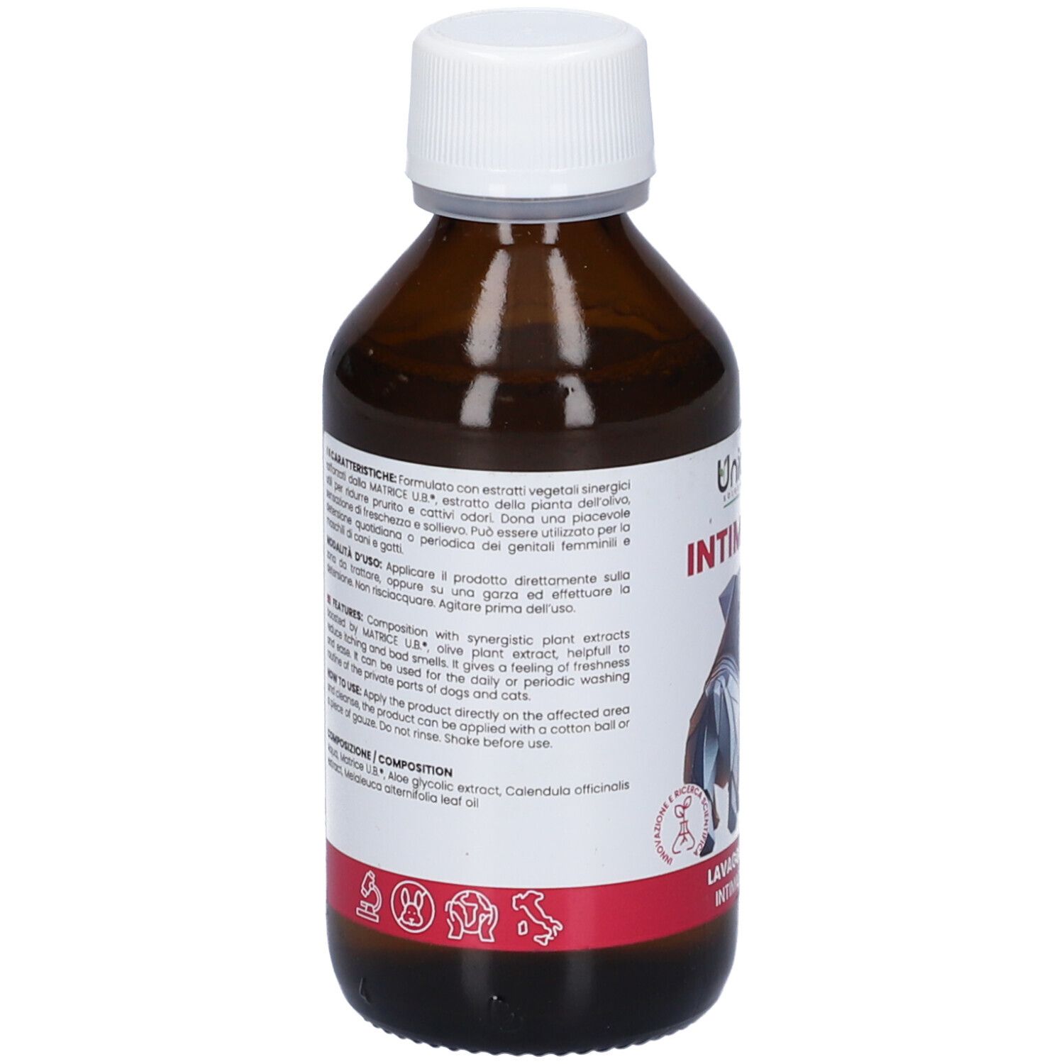 Flacone marrone con tappo bianco. Testo sull'etichetta. Striscia rossa in basso. Vista posteriore.