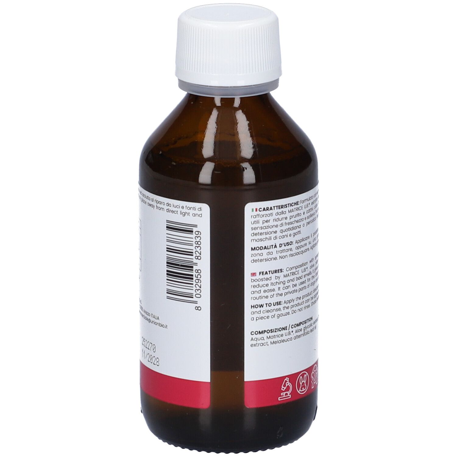 Flacone marrone con tappo bianco. Testo sull'etichetta. Codice a barre. Striscia rossa in basso. Vista posteriore.