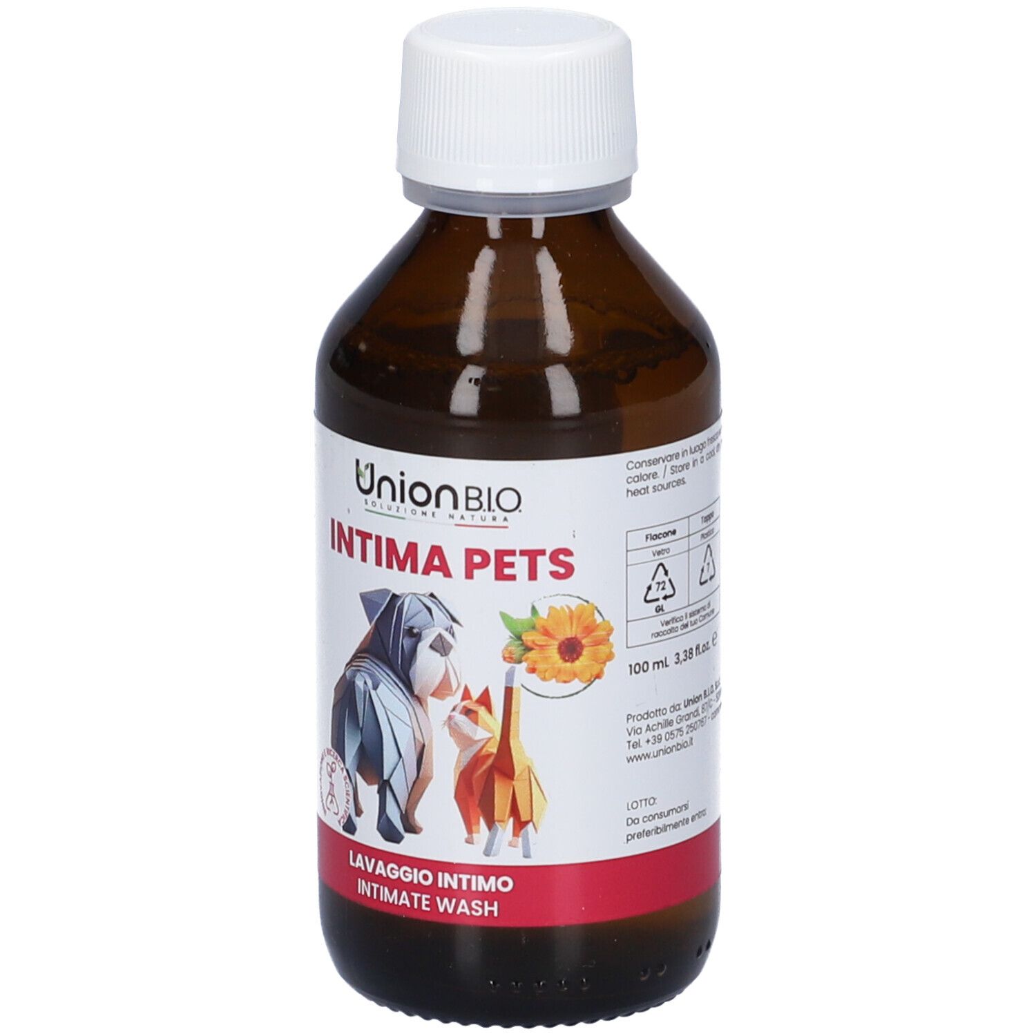 Flacone marrone con tappo bianco. Scritta Intima Pets, Lavaggio Intimo, Intimate Wash. Illustrazione cane e gatto. 100 ml.