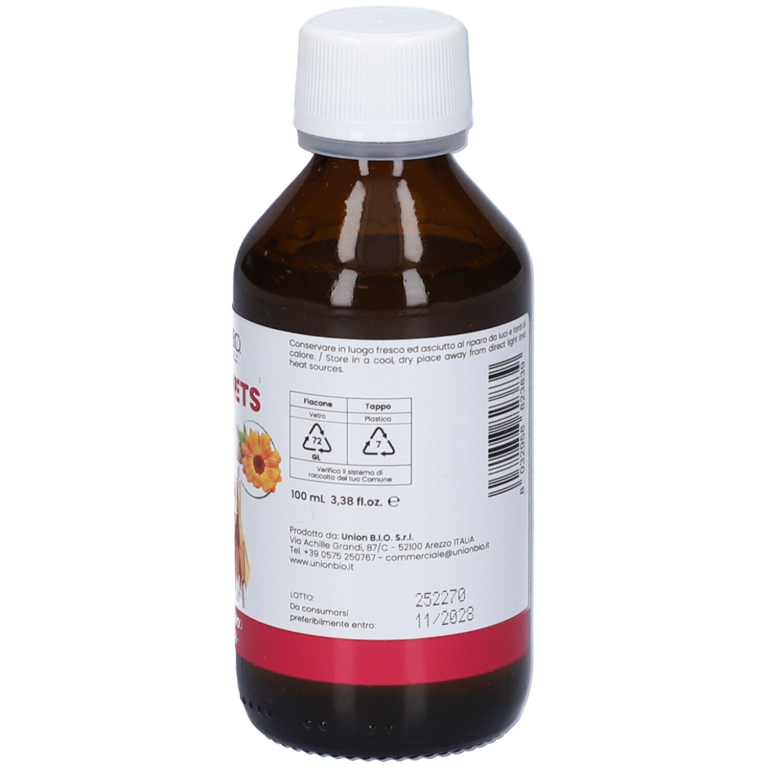 Flacone marrone con tappo bianco. Testo sull'etichetta. 100 ml. Striscia rossa in basso. Vista posteriore.