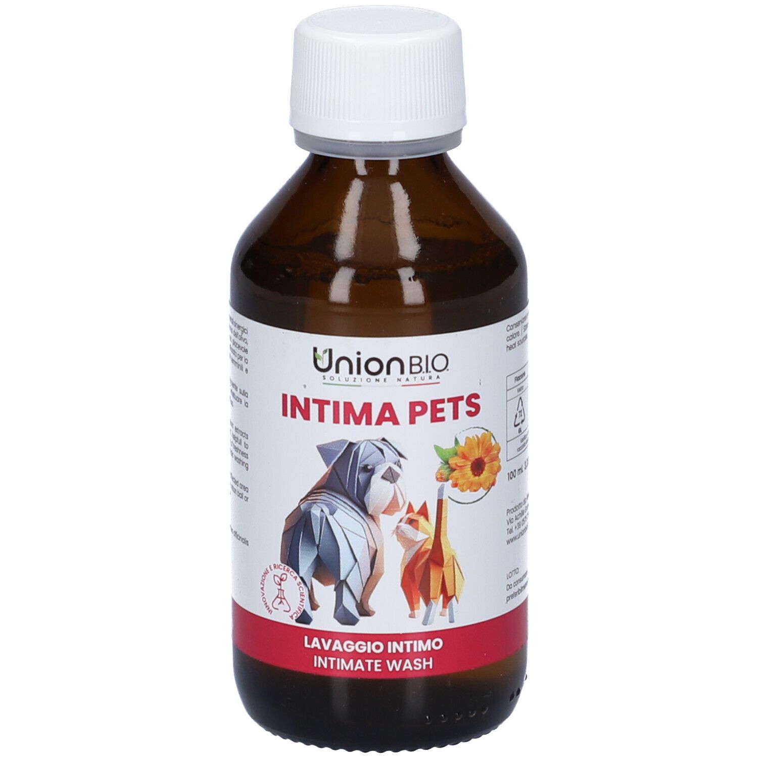 Flacone marrone con tappo bianco. Scritta Intima Pets, Lavaggio Intimo, Intimate Wash. Illustrazione cane e gatto.