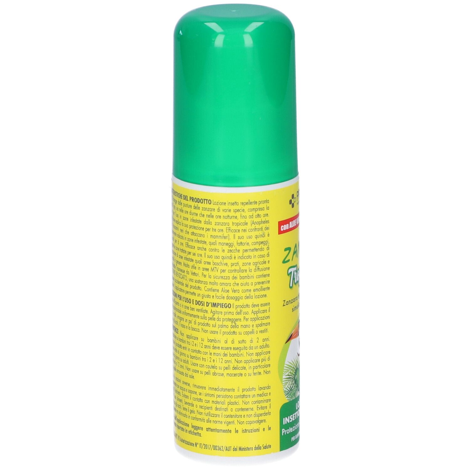 Retro della bottiglia Profar Zanzof Tropical Lozione Insettorepellente con istruzioni per l'uso.
