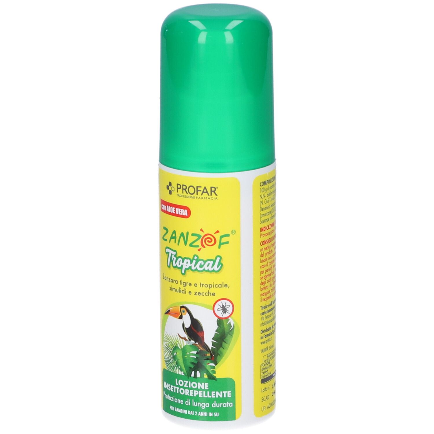 Fronte della bottiglia Profar Zanzof Tropical Lozione Insettorepellente con Aloe Vera e disegno tucano.