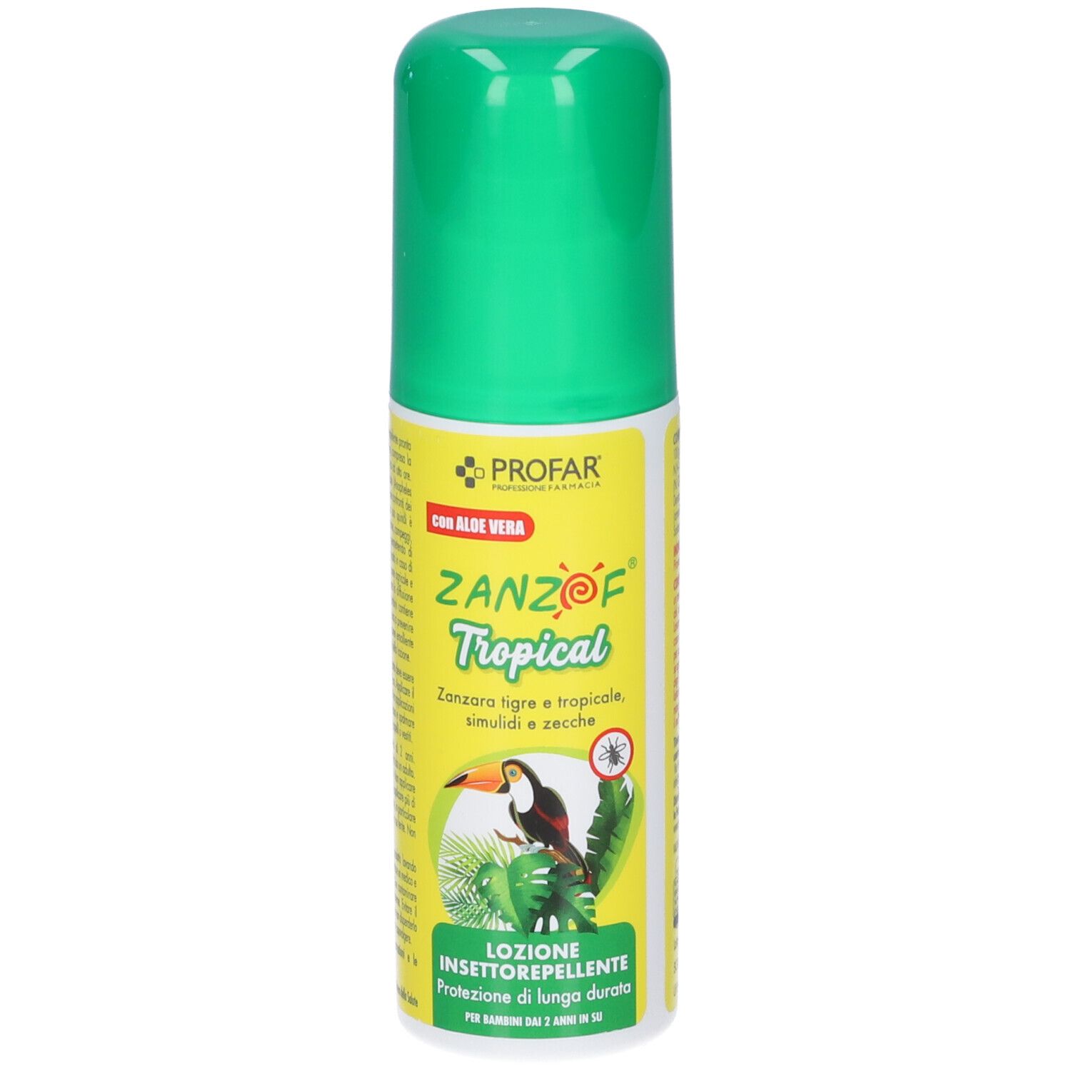 Profar Zanzof Tropical Lozione Insettorepellente con Aloe Vera, 100ml, vista frontale.