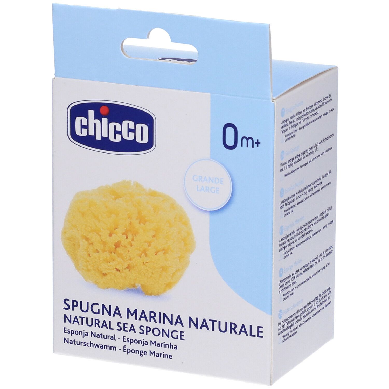 Spugna naturale gialla in confezione. Sulla confezione sono presenti le scritte "Chicco", "0m+" e "Grande".