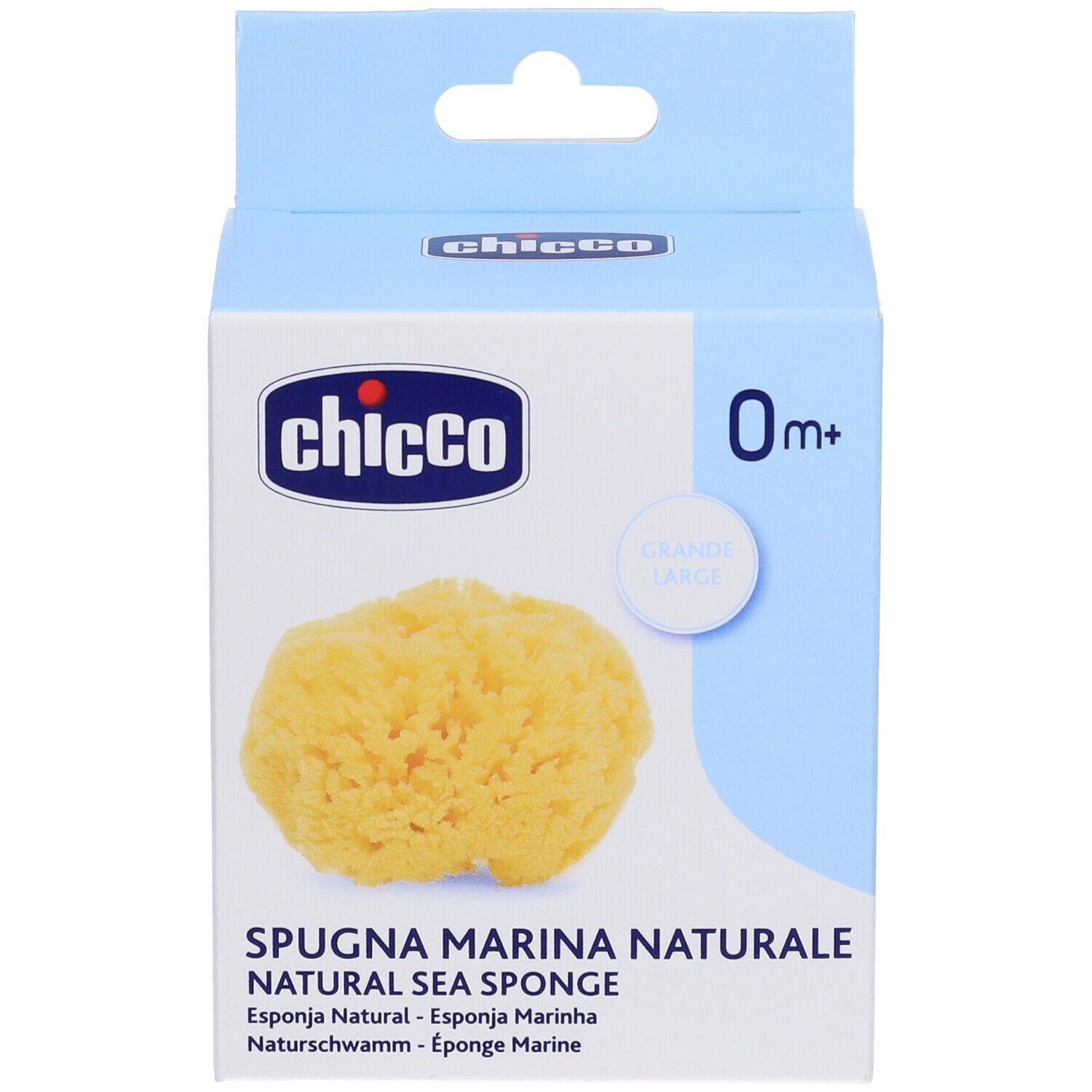 Spugna naturale gialla in confezione. Sulla confezione sono presenti le scritte "Chicco", "0m+" e "Grande".