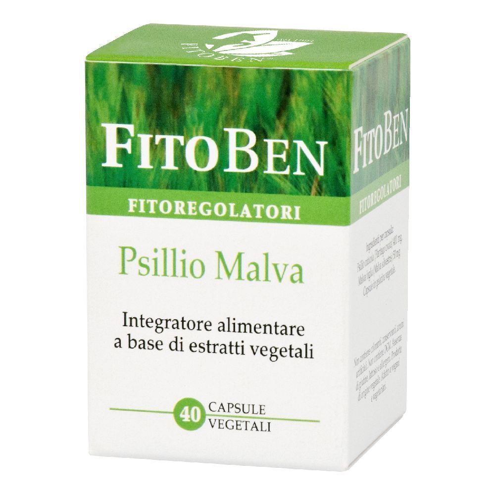FitoBen Psillio Malva. Scatola con 40 capsule vegetali. Confezione verde e bianca con nome del prodotto e logo.