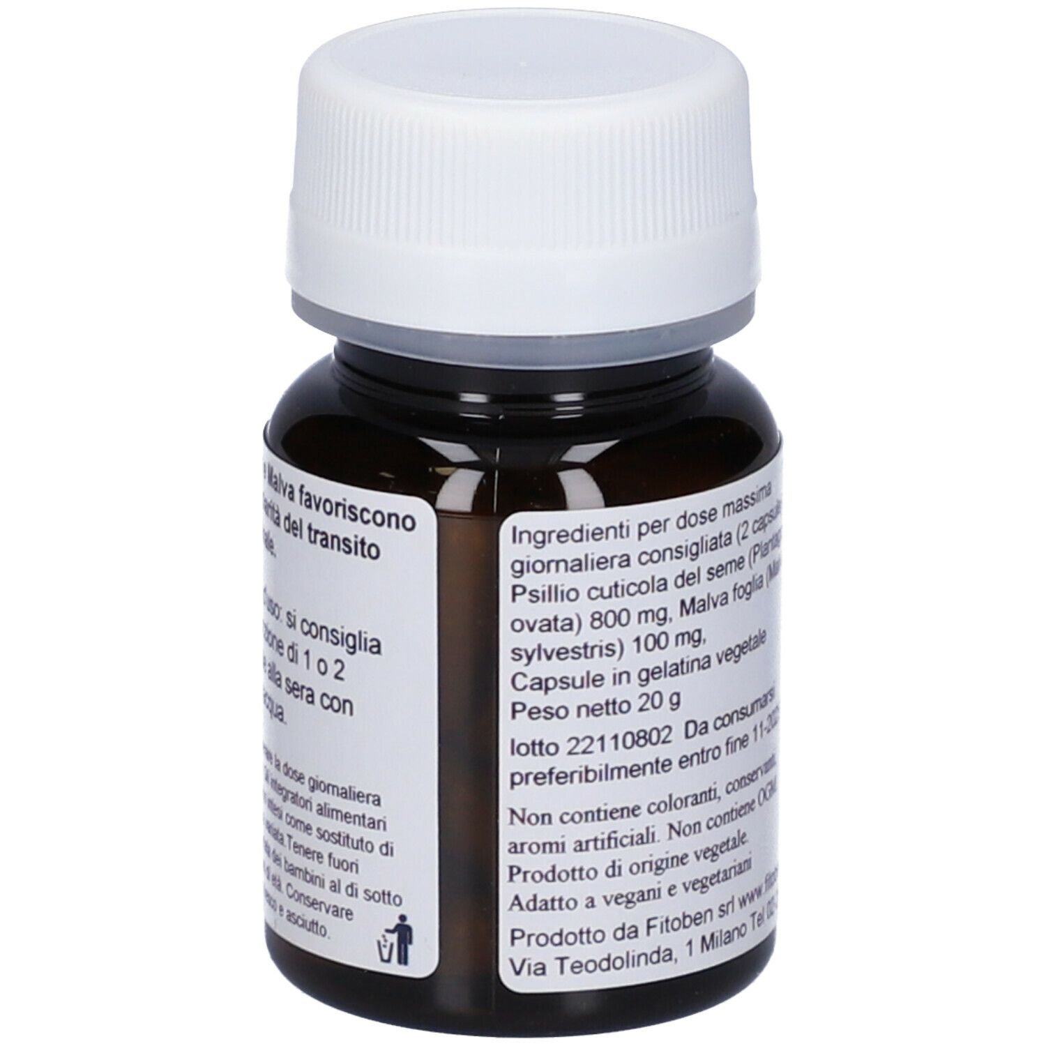 Flacone marrone con tappo bianco. Etichetta con informazioni sul prodotto. Marchio FitoBen. Contiene 40 capsule.