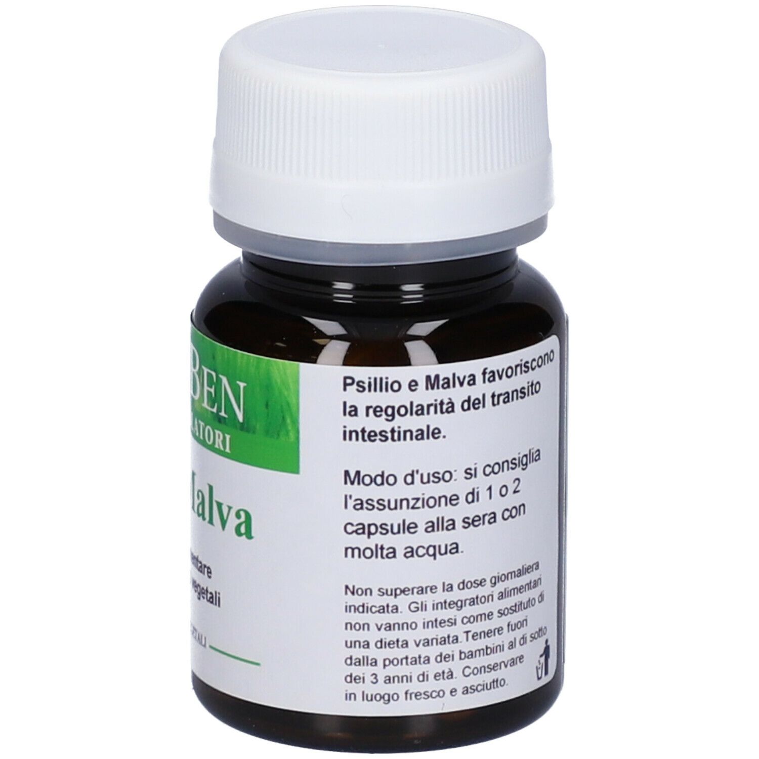 Flacone marrone con tappo bianco. Etichetta con informazioni sul prodotto. Marchio FitoBen. 40 capsule.