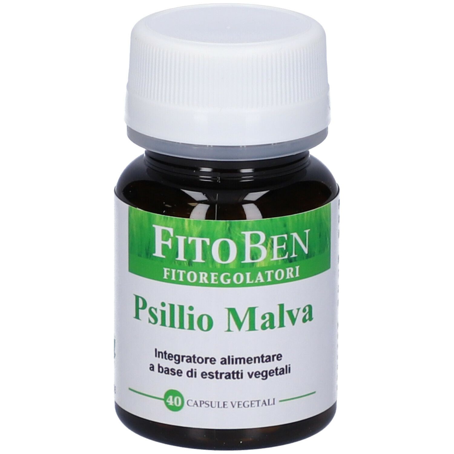 Flacone marrone con tappo bianco. Etichetta con informazioni sul prodotto. Marchio FitoBen. 40 capsule.